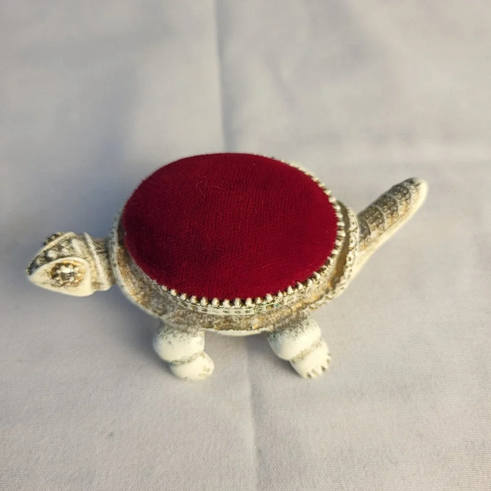 Florenza Articulated Turtle Red Velvet Pin Cushion Vintage White Enamel Metal